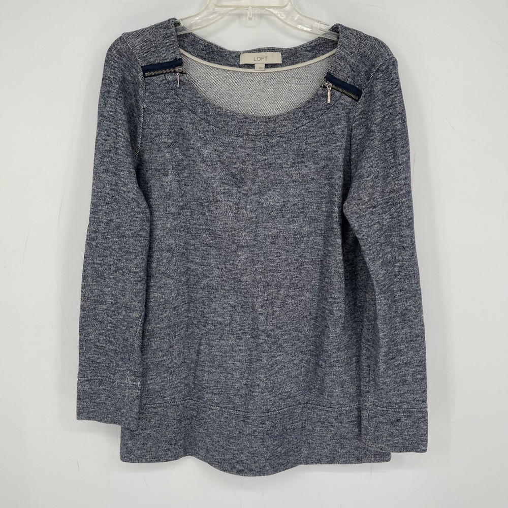 LOFT Women's Blue Shoulder Zipper Marled Knit Scoop Neck Sweatshirt Top Size L